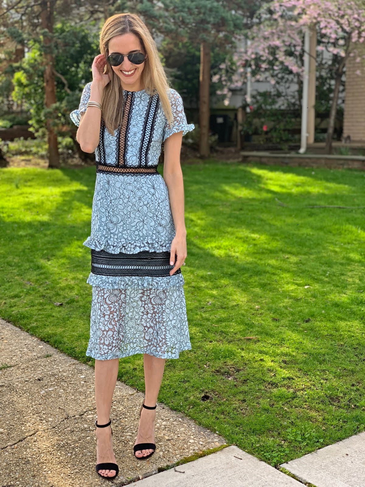 Dusty blue lace ruffle detail deals midi dress